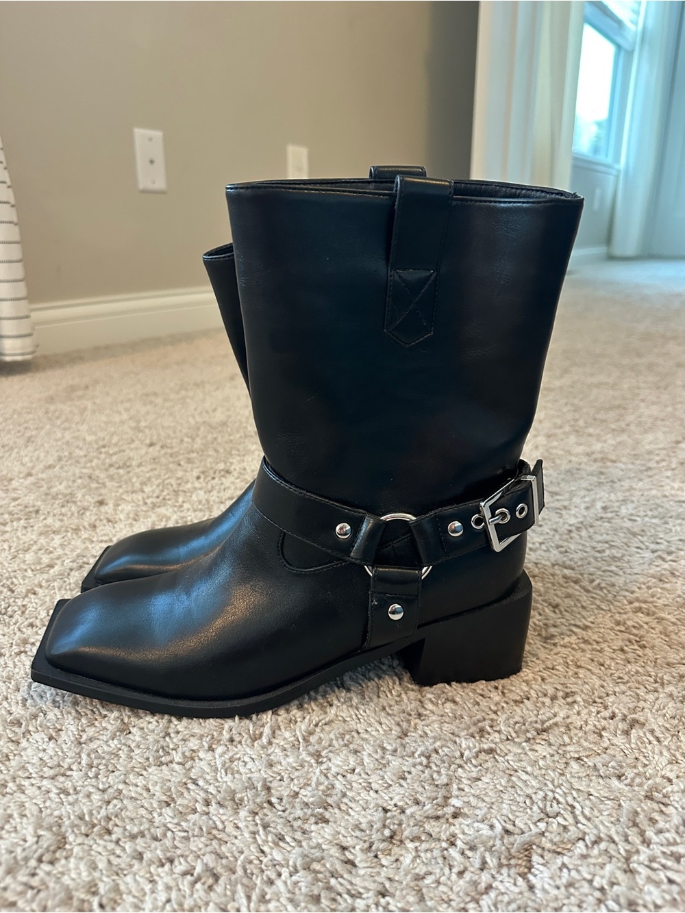 Black Leather Harness Mid-Calf Boots - Women